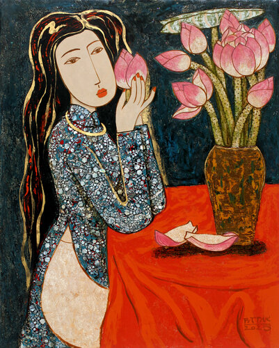 The Girl And The Vase Of Lotus Flowers by Bui Trong Du, Painting for Sale on Singulart