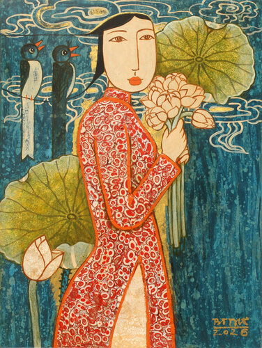 The Girl With Birds And Cloudes van Bui Trong Du, Schilderij te koop op Singulart