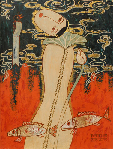 Nude With Bird, Fishes And Cloude de Bui Trong Du, Pintura a la venta en Singulart
