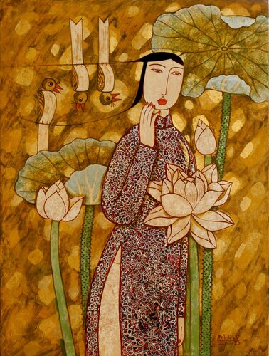 Girl with lotus and birds in sunny afternoon di Bui Trong Du, Pittura in vendita su Singulart