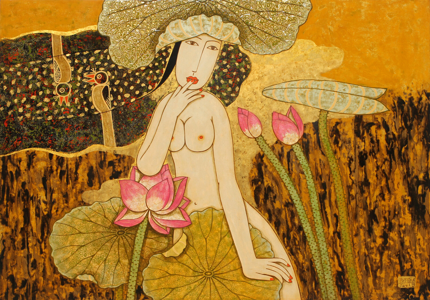 NUDE WITH LOTUS Bui Trong Du Peinture originale à vendre