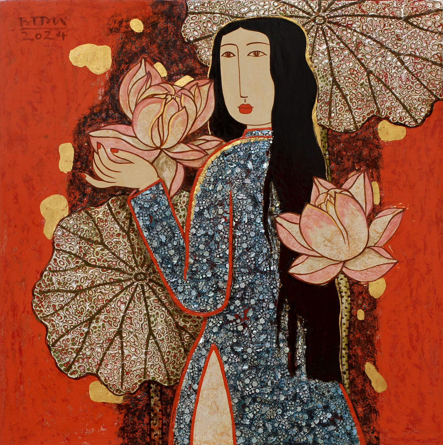 The Girl With Lotus Flowers Bui Trong Du Originalgemälde zu verkaufen