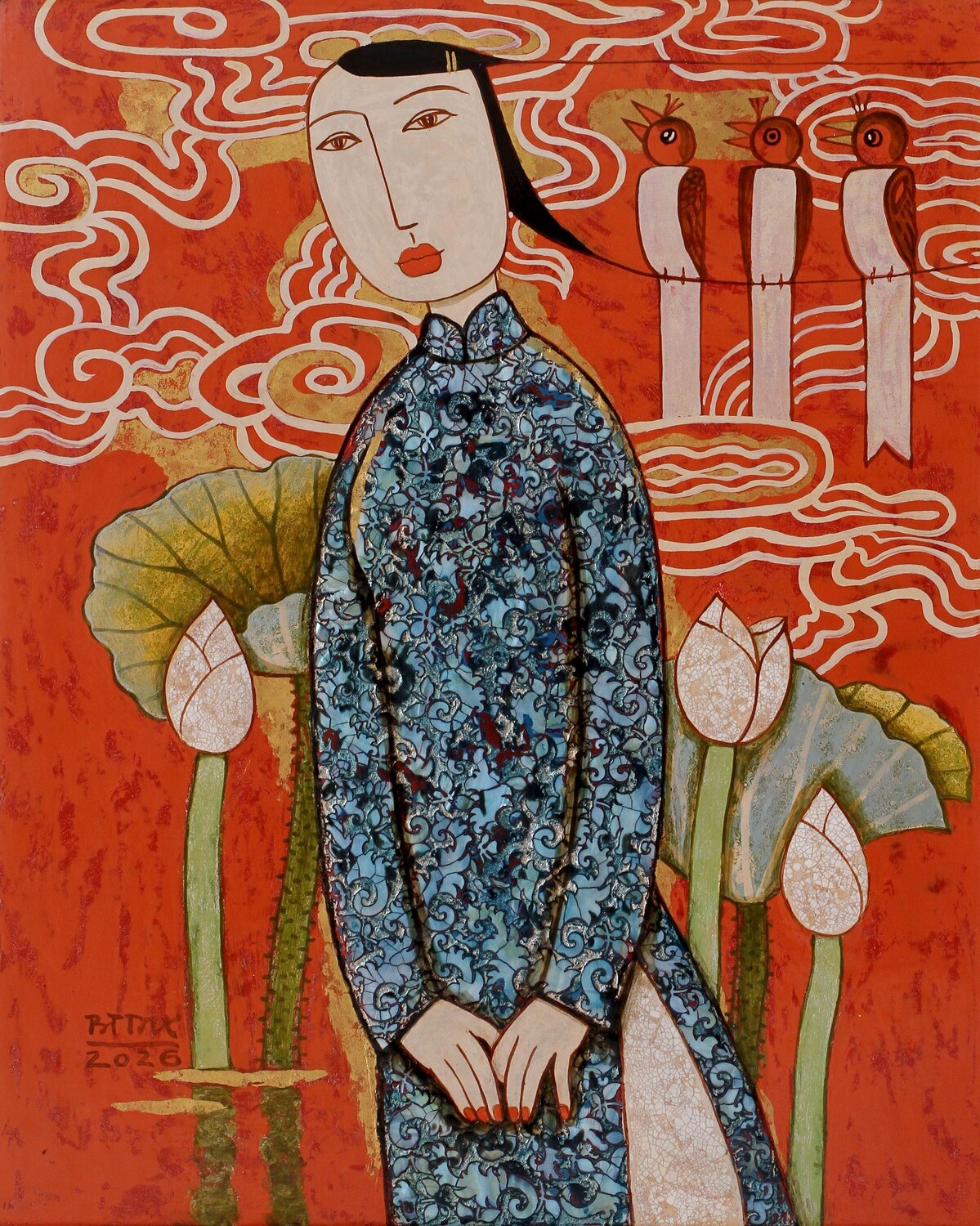 The Girl With Birds And Cloudes No2 Bui Trong Du Peinture originale à vendre
