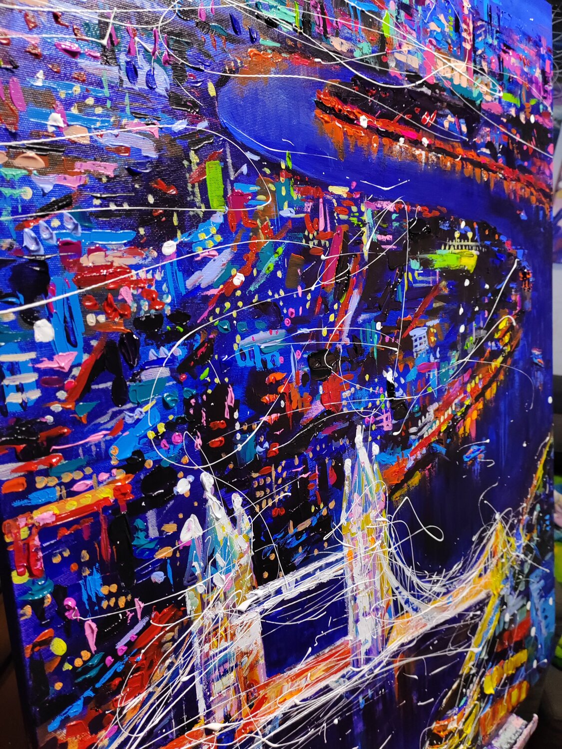 Night London cityscape colorful London by Aliaksandra Tsesarskaya (2023) Painting Acrylic