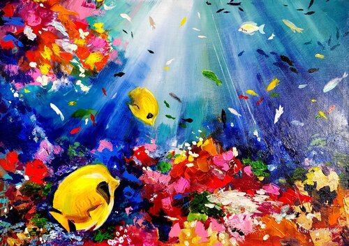 Magical sea bottom - colorful fish van Aliaksandra Tsesarskaya, Schilderij te koop op Singulart
