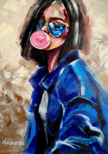 Young girl - colorful portrait woman van Aliaksandra Tsesarskaya, Schilderij te koop op Singulart