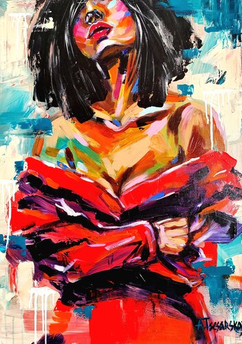 Woman in red dress - colorful portrait woman van Aliaksandra Tsesarskaya, Schilderij te koop op Singulart