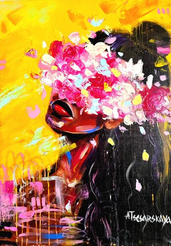 African girl with flowers - colorful portrait woman van Aliaksandra Tsesarskaya, Schilderij te koop op Singulart