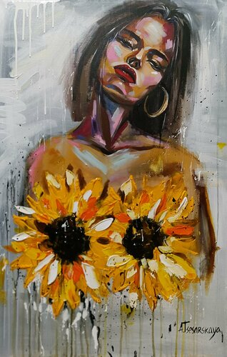 Girl with sunflowers van Aliaksandra Tsesarskaya, Schilderij te koop op Singulart