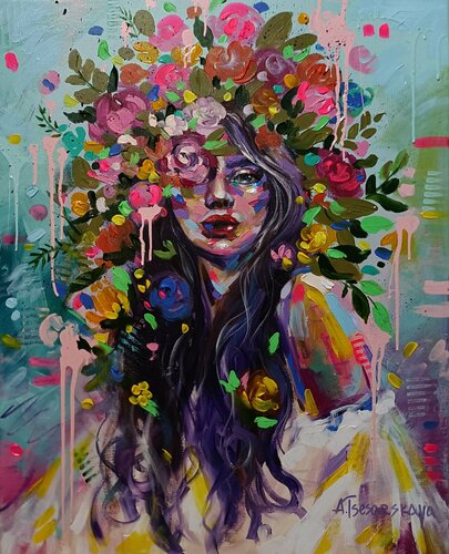 Women portrait with flowers crown par Aliaksandra Tsesarskaya, Peinture en vente sur Singulart