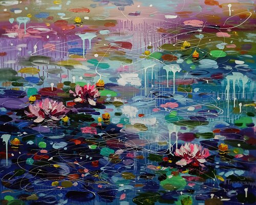 Water lilias - original acrylic painting on canvas di Aliaksandra Tsesarskaya, Pittura in vendita su Singulart