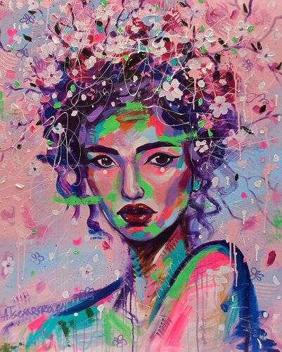 Sakura - colorful portrait woman par Aliaksandra Tsesarskaya, Peinture en vente sur Singulart