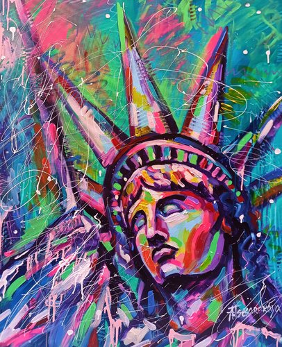 Statue of Liberty (american dreams) - colorful portrait woman par Aliaksandra Tsesarskaya, Peinture en vente sur Singulart