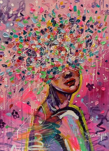 In my head- colorful portrait woman di Aliaksandra Tsesarskaya, Pittura in vendita su Singulart