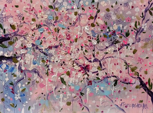 Cherry blossom / Sakura flowers - textured painting von Aliaksandra Tsesarskaya, Malerei kaufen auf Singulart