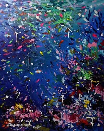Underwater - colorful painting fish in the sea par Aliaksandra Tsesarskaya, Peinture en vente sur Singulart