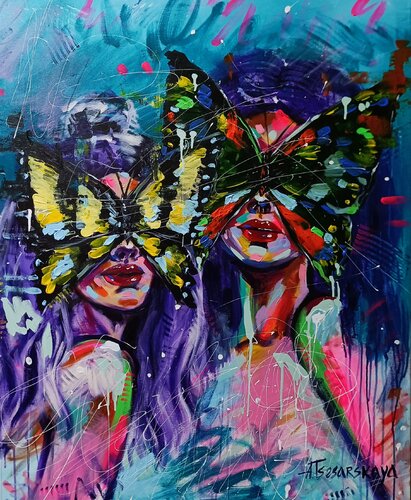 Girls with butterfly - colorful portrait woman par Aliaksandra Tsesarskaya, Peinture en vente sur Singulart