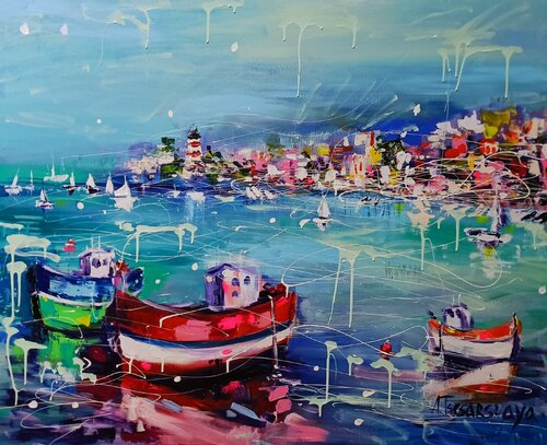 Sunny day - colorful boats painting and sea par Aliaksandra Tsesarskaya, Peinture en vente sur Singulart