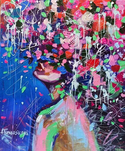 Sweet dreams - colorful portrait woman par Aliaksandra Tsesarskaya, Peinture en vente sur Singulart