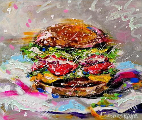 Hamburger - colorful fast food von Aliaksandra Tsesarskaya, Malerei kaufen auf Singulart