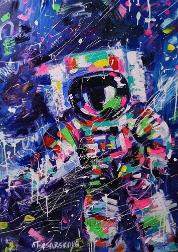 Starman - colorful portrait of astronaut in space di Aliaksandra Tsesarskaya, Pittura in vendita su Singulart