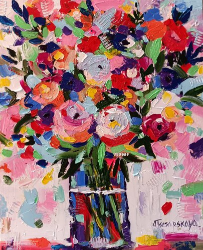 Abstract flowers in vase di Aliaksandra Tsesarskaya, Pittura in vendita su Singulart