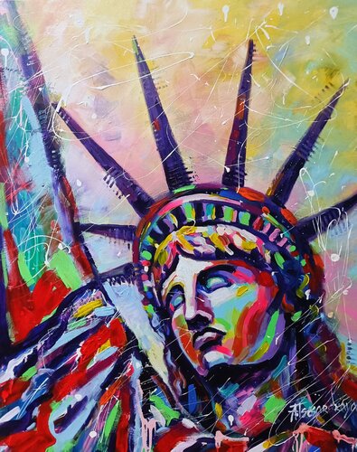 Statue of Liberty - colorful painting par Aliaksandra Tsesarskaya, Peinture en vente sur Singulart