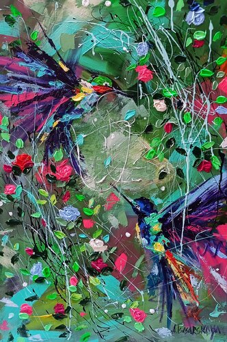 Exotic plants and birds - colorful abstract painting par Aliaksandra Tsesarskaya, Peinture en vente sur Singulart