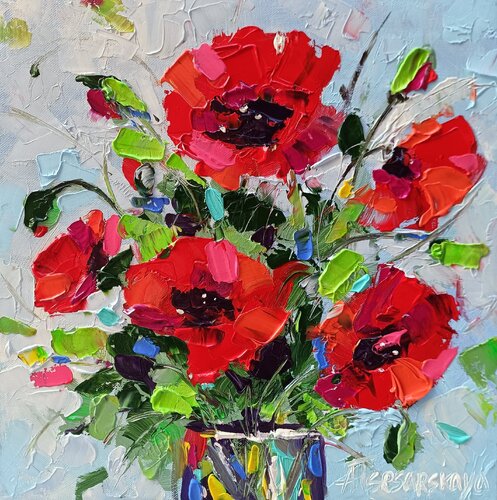Poppies - textured painting poppies di Aliaksandra Tsesarskaya, Pittura in vendita su Singulart