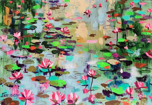 Lake with water lilies - abstract water lilies par Aliaksandra Tsesarskaya, Peinture en vente sur Singulart