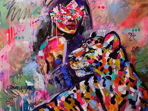 Misteriouse harmony - colorful portrait woman and leopard von Aliaksandra Tsesarskaya, Malerei kaufen auf Singulart