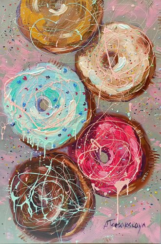 Love in the air ( Donuts) - donut painting par Aliaksandra Tsesarskaya, Peinture en vente sur Singulart