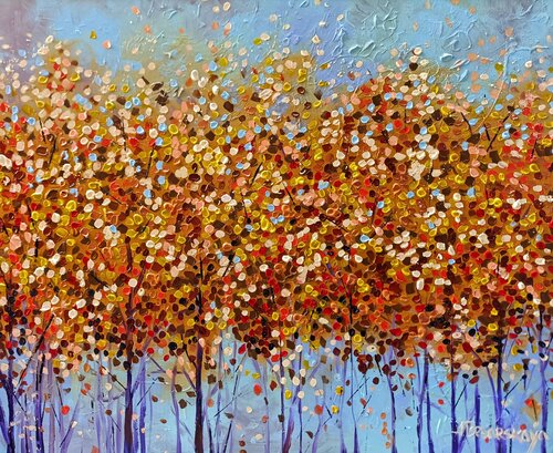 Golden autumn trees - colorful autumn forest by Aliaksandra Tsesarskaya, Painting for Sale on Singulart