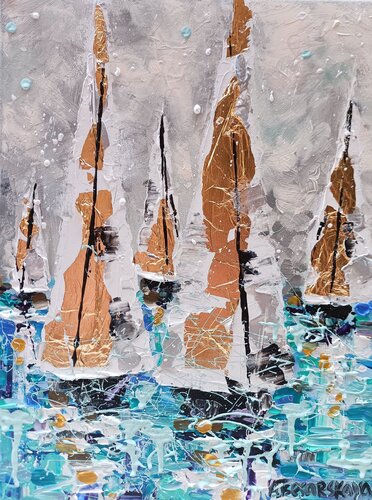 Sailing for happyness - boats painting von Aliaksandra Tsesarskaya, Malerei kaufen auf Singulart