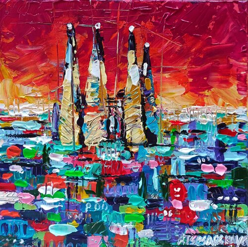 Sunset in Barcelona - colorful textured cityscape par Aliaksandra Tsesarskaya, Peinture en vente sur Singulart