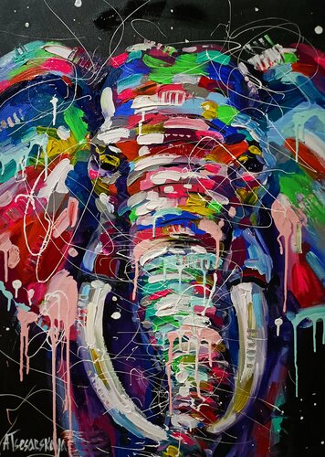 Elephant - colorful Wild animal portrait par Aliaksandra Tsesarskaya, Peinture en vente sur Singulart