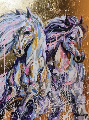 White horses in water - colorful White horses painting par Aliaksandra Tsesarskaya, Peinture en vente sur Singulart