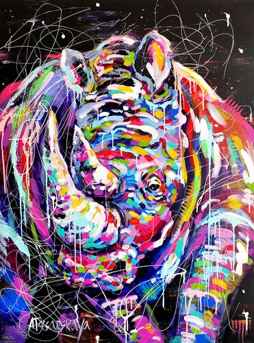 Rhinoceros - colorful portrait Wild animal di Aliaksandra Tsesarskaya, Pittura in vendita su Singulart