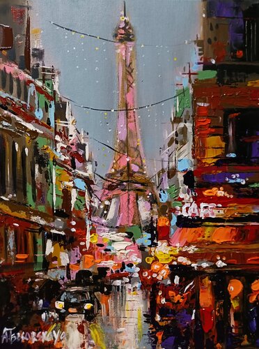 Sunset in Paris - Paris cityscape van Aliaksandra Tsesarskaya, Schilderij te koop op Singulart