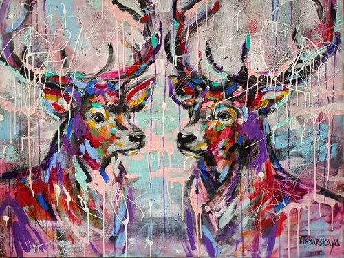 Wild LOVE in winter - deer portrait di Aliaksandra Tsesarskaya, Pittura in vendita su Singulart