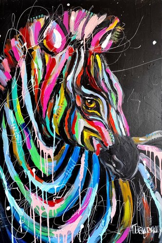 Wild zebra - colorful portrait zebra von Aliaksandra Tsesarskaya, Malerei kaufen auf Singulart