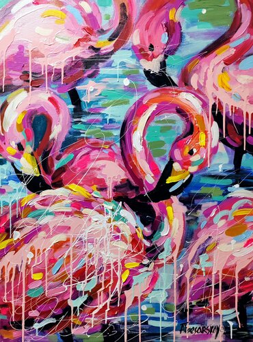 Pink Flamingo - colorful Flamingo bird von Aliaksandra Tsesarskaya, Malerei kaufen auf Singulart