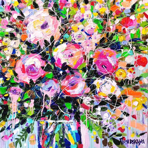 Colorful summer flowers in vase de Aliaksandra Tsesarskaya, Pintura a la venta en Singulart