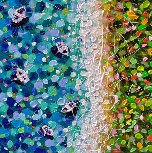 Summer vibes - colorful sea with boats van Aliaksandra Tsesarskaya, Schilderij te koop op Singulart