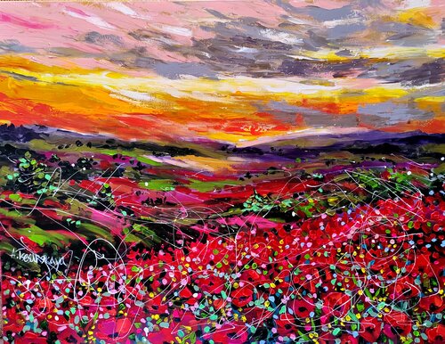 Sunset in poppies field - landscape whit poppies par Aliaksandra Tsesarskaya, Peinture en vente sur Singulart