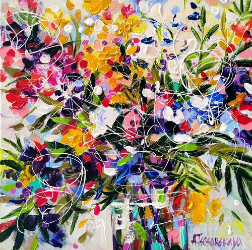 Abstract flowers in vase - colorful flowers de Aliaksandra Tsesarskaya, Pintura a la venta en Singulart