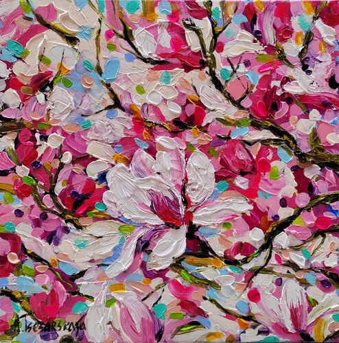 Magnolias field - spring flowers de Aliaksandra Tsesarskaya, Pintura a la venta en Singulart