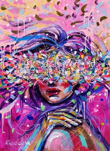 Spring in the air - colorful portrait woman di Aliaksandra Tsesarskaya, Pittura in vendita su Singulart