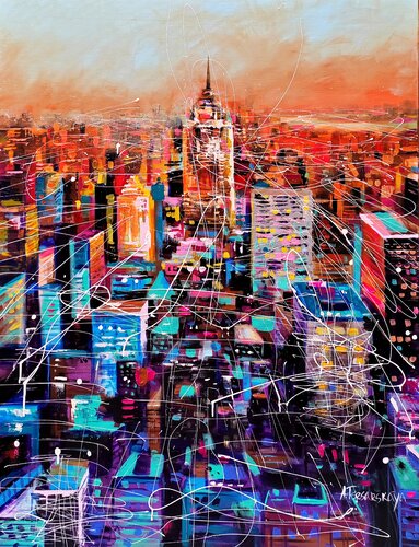 Sunset in New York city par Aliaksandra Tsesarskaya, Peinture en vente sur Singulart