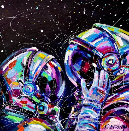 You are my space - colorful portrait of astronauts von Aliaksandra Tsesarskaya, Malerei kaufen auf Singulart